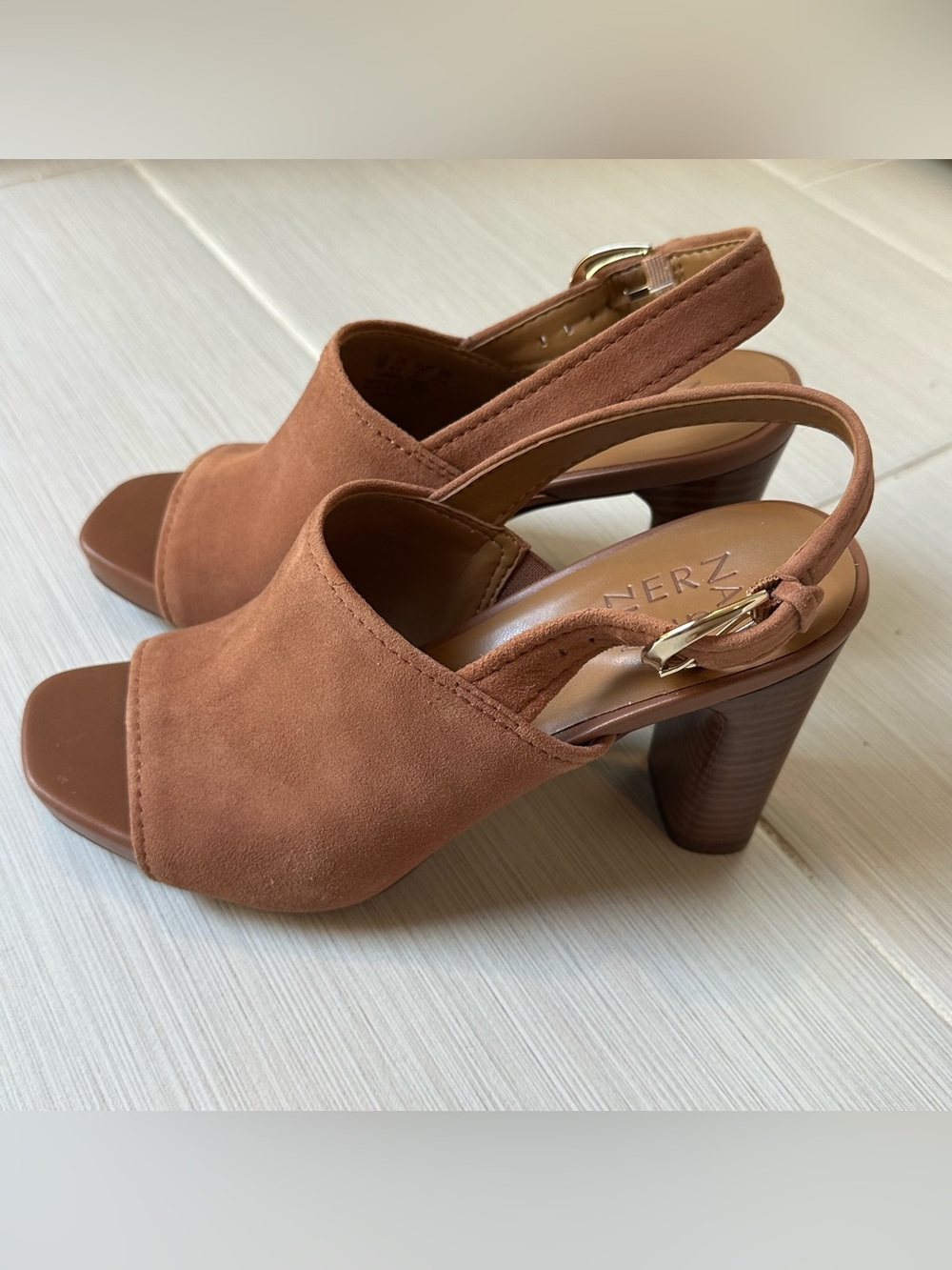 Naturalizer Suede Open-Toe Slingback Heels in Dark Camel